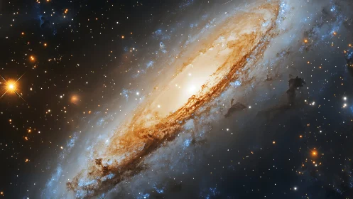 Spiral galaxy core rendered with luminous dust lanes and stars.