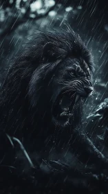 Monochrome storm-lit lion portrait in dramatic profile framing.
