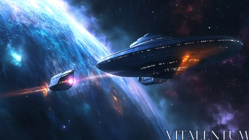 Massive starship orbits blue planet with escort shuttle