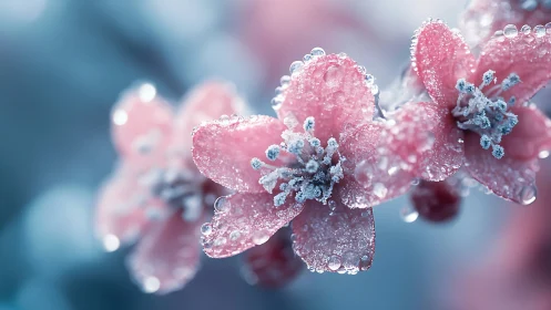Frost-Laden Pink Blossoms with Ice Crystalline Structures.