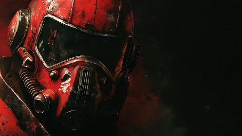Red wasteland sentinel studies the dark with cracked visor