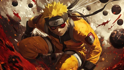 Focused anime ninja in orange gear amid chaotic energy.