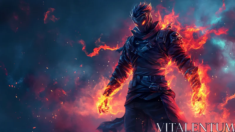 Fierce fire warrior emerging from swirling neon flames.