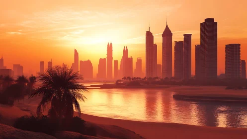 Sunlit desert waterfront city skyline stands against orange sky