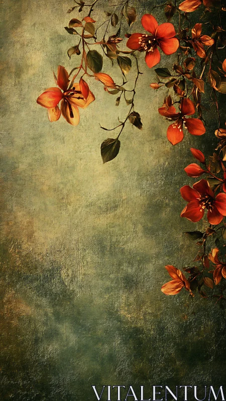 Diagonal red floral vine contrasts textured green patina ground