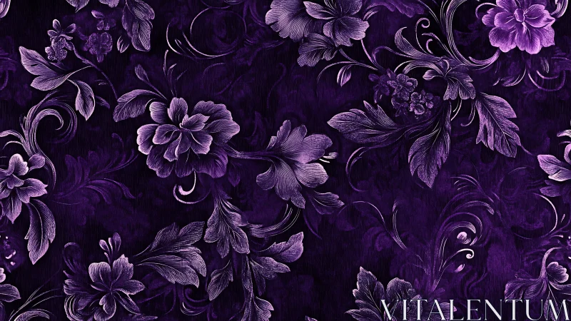 Purple Floral Damask Pattern with Ornamental Scrolls.