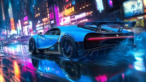 Blue hypercar races through neon soaked cyberpunk city street