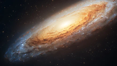 Spiraling golden galaxy core amid diffuse starfield glow.