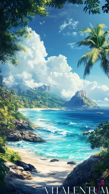 Tropical coastal landscape with mountainous islands and turquoise water.