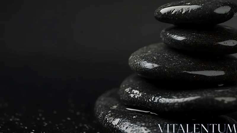 Wet black stones form a stacked arrangement against darkness