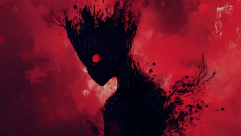 Digital painting of void-born silhouette in red atmospheric field.