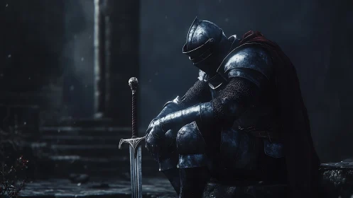 Solitary armored knight resting with sword in ruins.