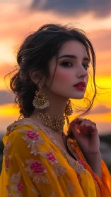 Portrait of woman in embroidered sari at golden hour sunset