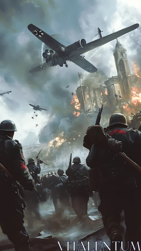 Wartime aerial assault over burning cathedral in dynamic perspective