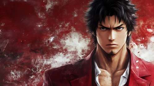 Angular anime portrait against turbulent crimson field.