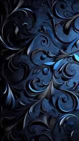 Dark blue ornamental floral pattern with metallic swirl details.