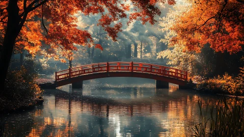 Autumn garden bridge over still reflective pond at sunrise.