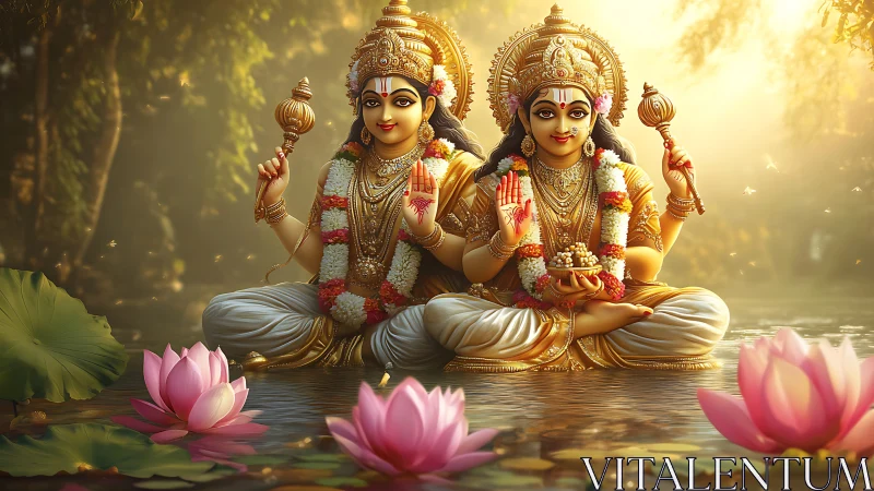 Golden deities share peaceful blessings on a lotus pond