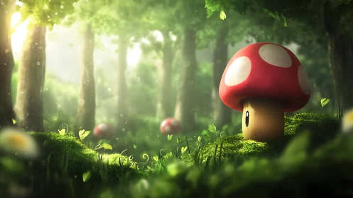 Stylized red mushroom character glows softly in mossy forest