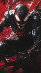 Symbiotic antihero lunges forward in a blood-red vortex.