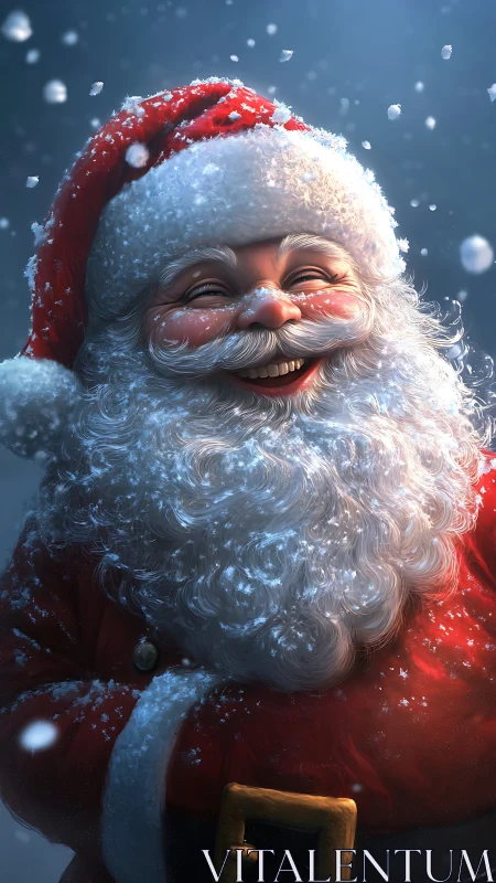 High-fidelity Santa portrait with volumetric snow lighting.