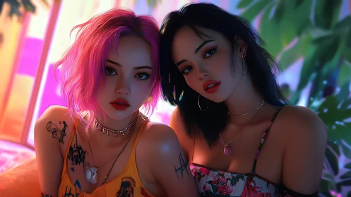 Neon-lit duo in tropical glow with cinematic close-up portrait.