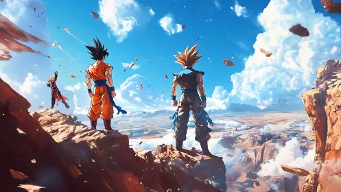 Characters on rocky cliffs under expansive sky in anime scene.
