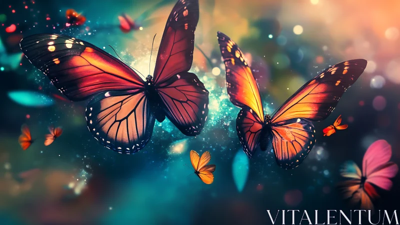 Chromatic butterfly swarm in luminous depth-of-field bokeh.