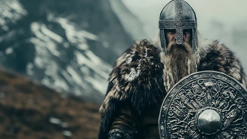 Armored Norse warrior with engraved shield in glacial valley.