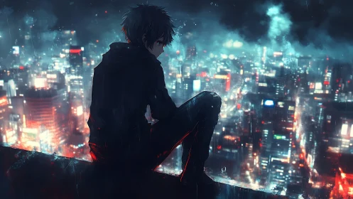 Rooftop loner above neon rain, listening to the city breathe.