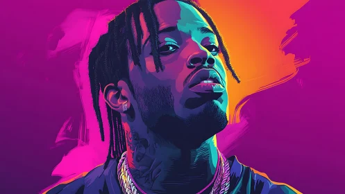 Neon-lit portrait carves bold rhythm into the violet dusk