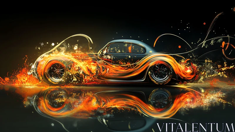 Digital painting of a flaming concept coupe with motion trails.