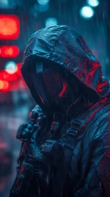 Hooded armored figure in neon lit rain soaked urban street.