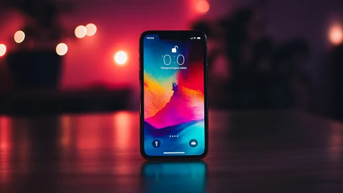Smartphone displaying dynamic gradient lock screen with time and notification icons.