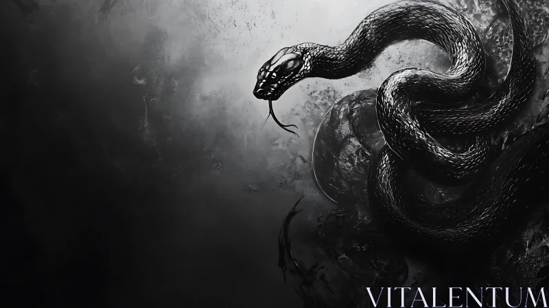 Monochrome serpent rendered in high-contrast digital chiaroscuro.