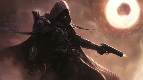 Hooded armed figure stands under luminous eclipsed sphere
