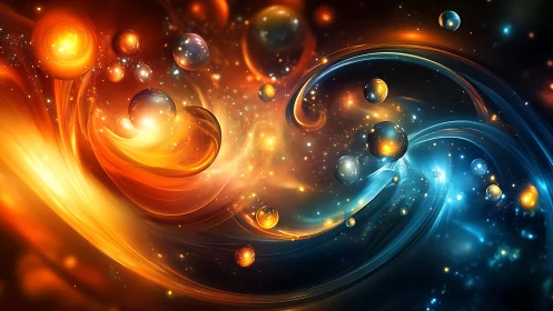 Colorful cosmic energy swirl with glowing floating orbs.