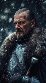 Weather-beaten warlord glares through the storm’s white curtain