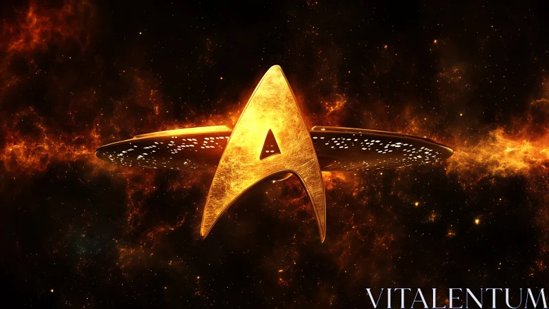 Golden starfleet-style insignia floats before fiery nebula
