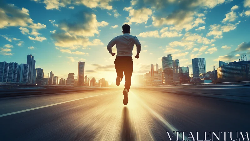 Running toward sunrise along empty futuristic city highway.