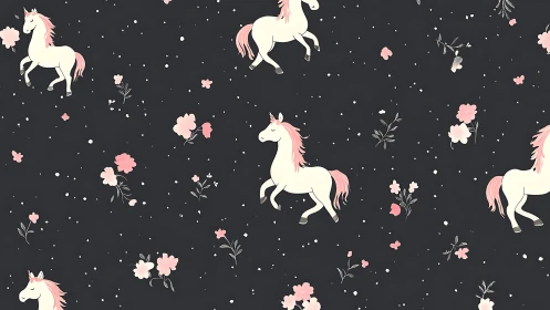 Seamless unicorn repeat pattern with floral scatter on charcoal