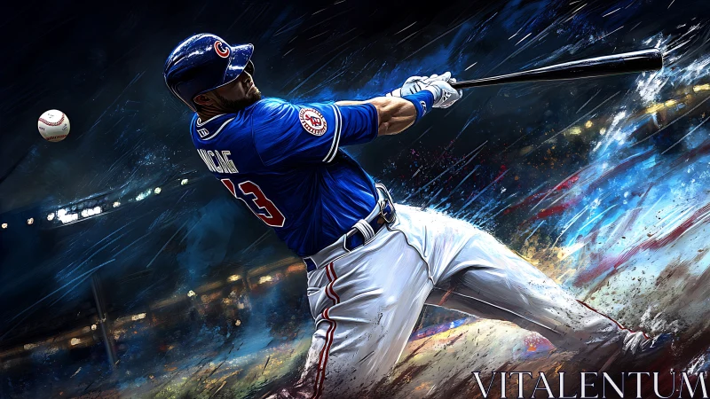 Dynamic digital painting of a power hitter mid-swing at night.