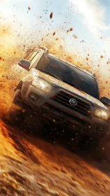 Mud-slinging off-road beast charges through blazing dirt storm.