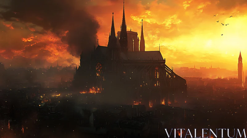 Gothic cathedral engulfed by flames at burning sunset skyline.