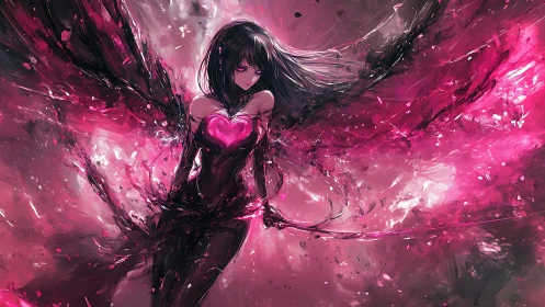 Dark-clad figure with luminous heart amid pink energy field.