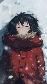 Snowy portrait of sleeping girl in red coat with soft shading