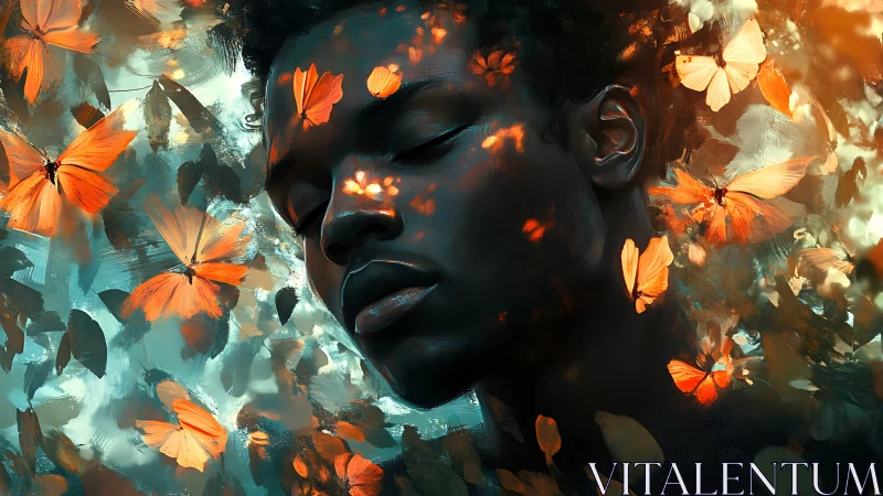 Portrait of person with orange butterflies and abstract light.