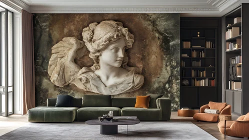 Classical marble muse anchors a refined modern living room