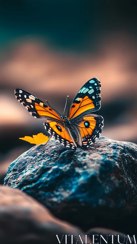 Orange butterfly rests on cool-toned rock in soft bokeh light
