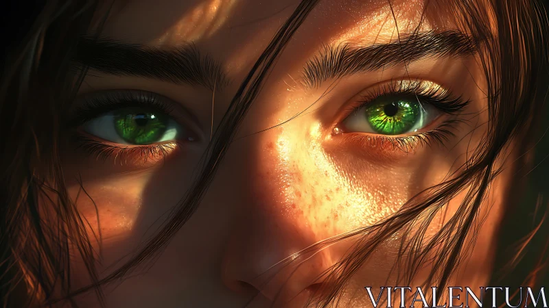 Emerald green eyes glow warmly in close intimate sunlight